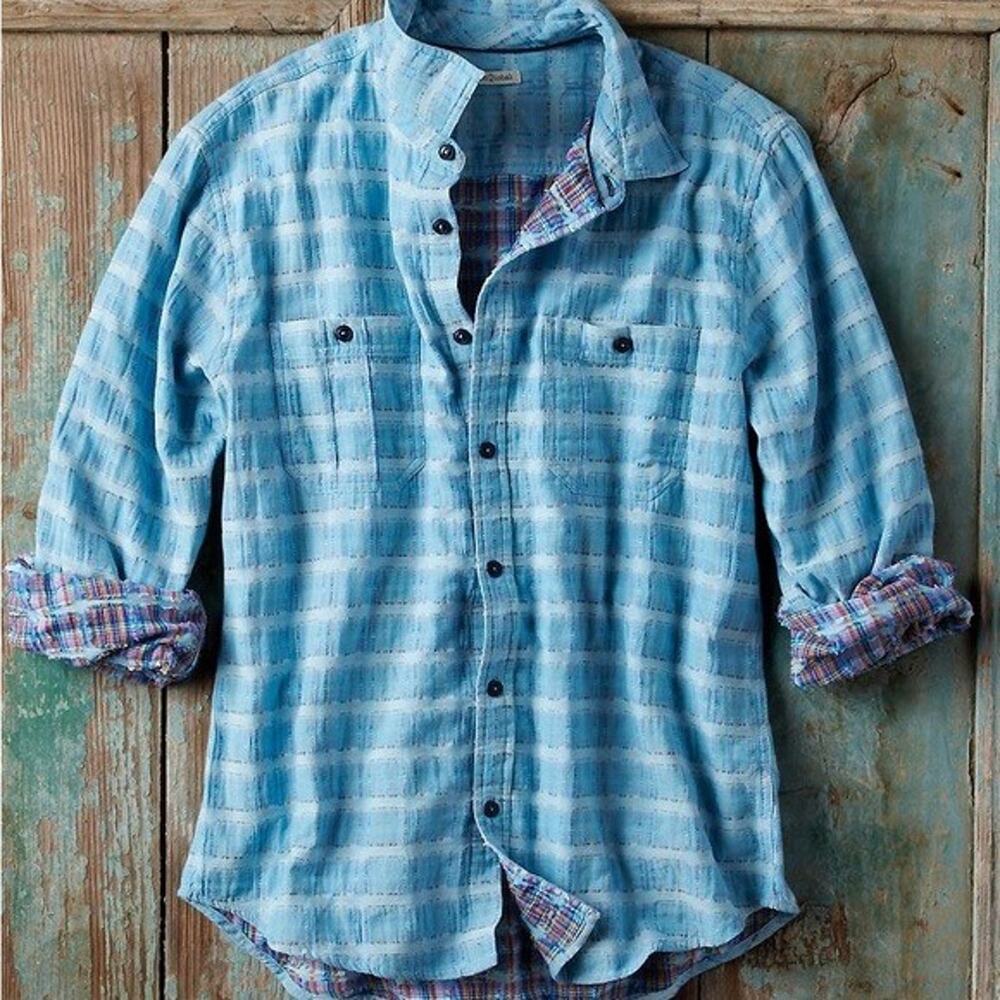 CARBON2COBALT Long Sleeve Cotton Double Cloth Shirt Blue Plaid Mens 2XLT